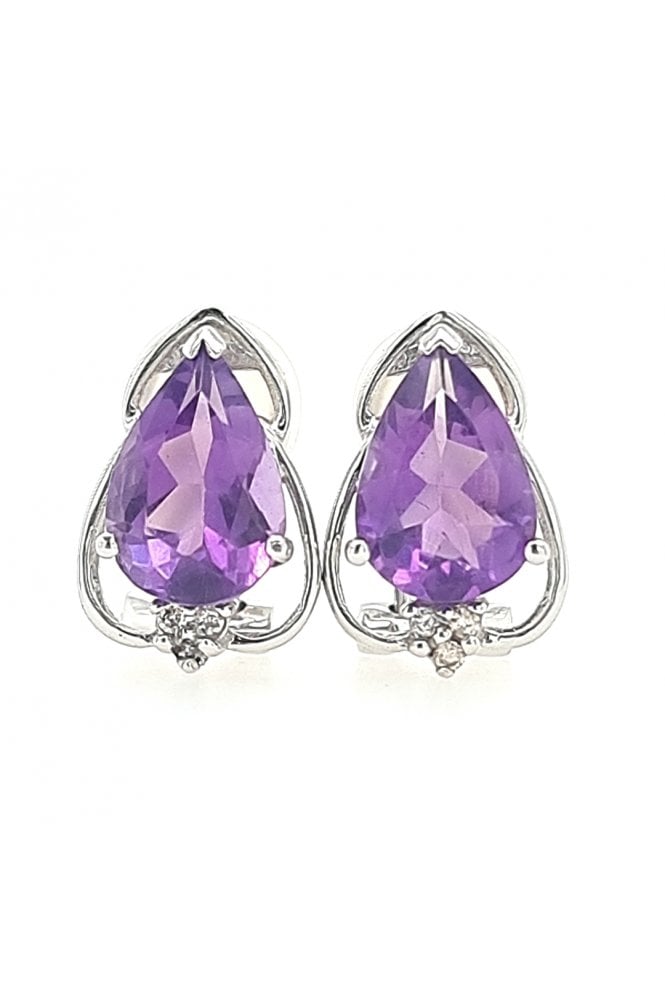 14ct White Gold Amethyst and Diamond Clip Earrings 14ct White Gold Claw Set
