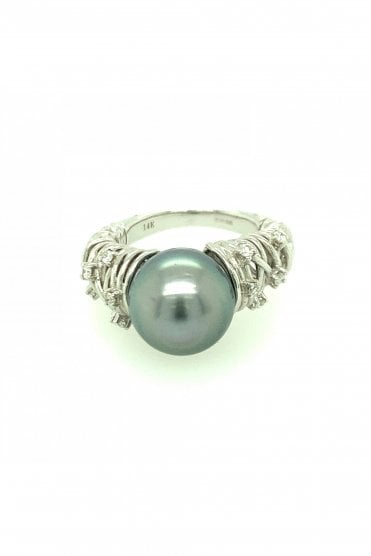 14ct White Gold Tahitian Pearl & Diamond Ring Grey Pearl & Round Brilliant Cut Diamonds