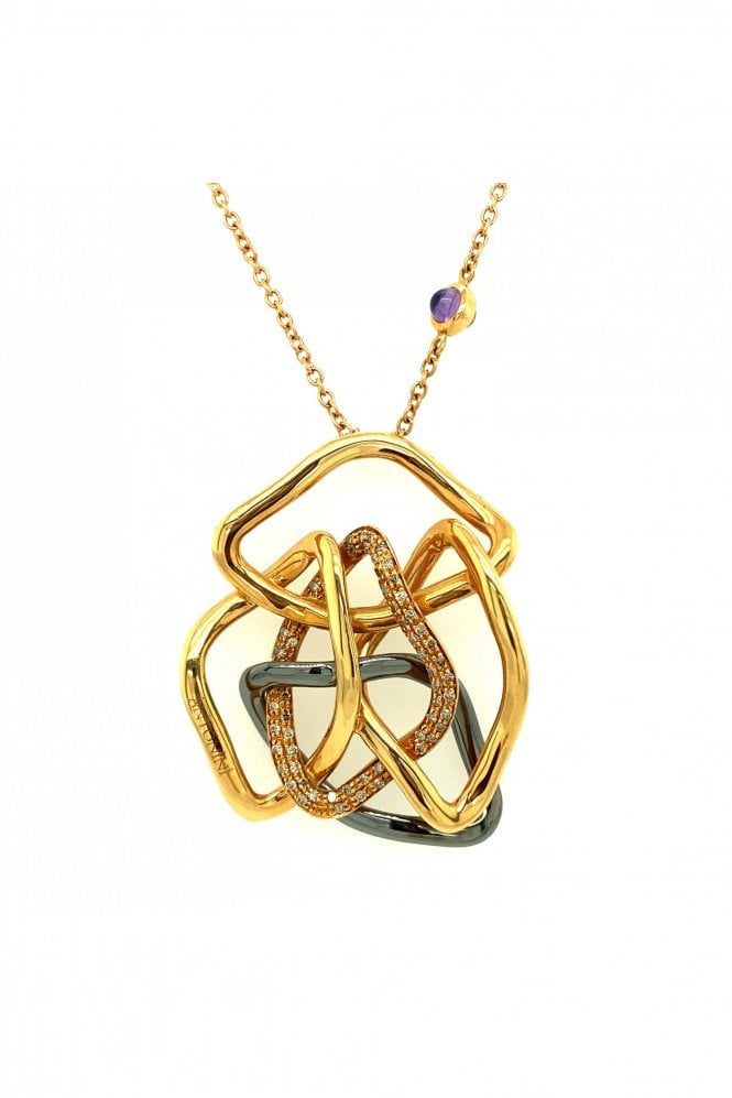Antonini 18ct Rose Gold Diamond & Black Ceramic Pendant With Amethysts On 18ct Rose Gold Chain
