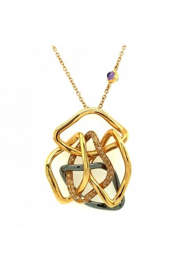 18ct Rose Gold Diamond & Black Ceramic Pendant With Amethysts On 18ct Rose Gold Chain