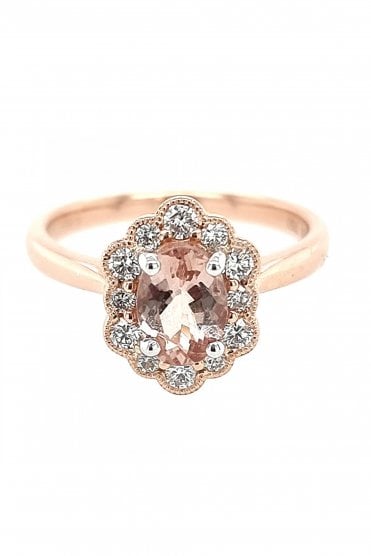 18ct Rose Gold Morganite & Diamond Halo Ring 18ct White Gold and Rose Gold Claw Set