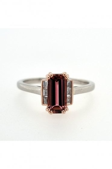 18ct Rose & White Gold Pink Tourmaline Ring  Shoulder Set Baguette Diamonds