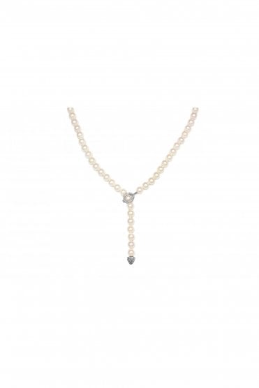 18ct White Gold Akoya Cultured Pearl & Diamond Lariat Necklace 18ct White Gold Diamond Set Clam Clasp & Pendant