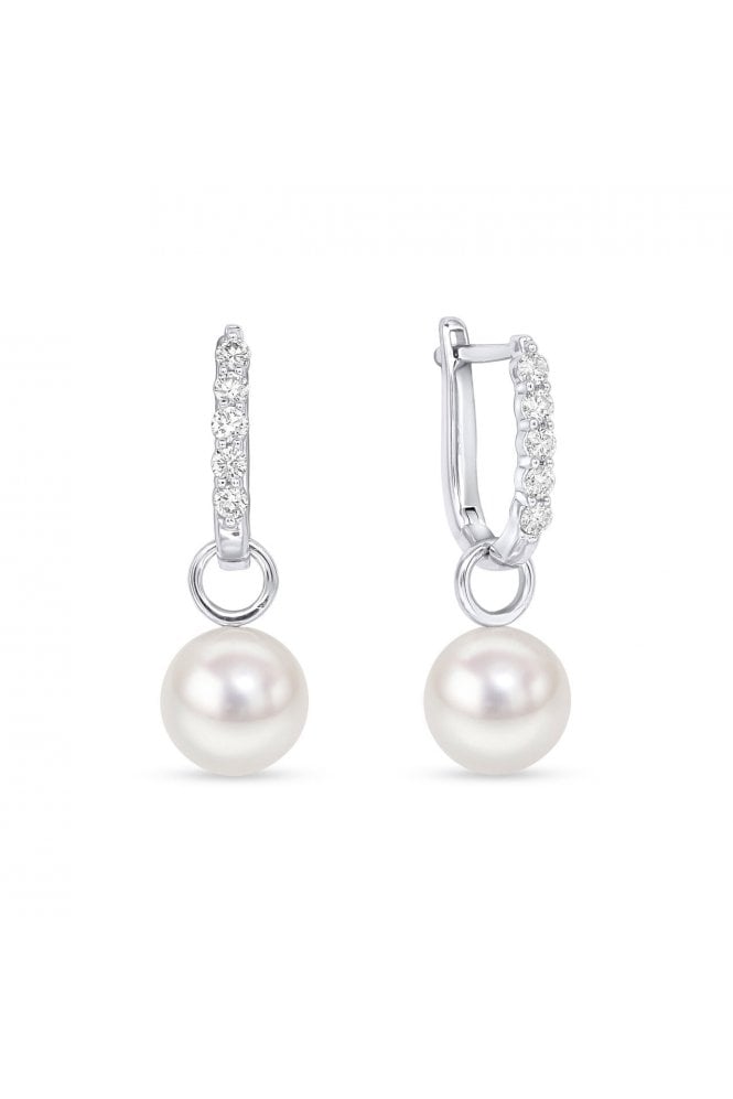 18ct White Gold Akoya Pearl & Diamond Hoop Earrings Removable Pearls