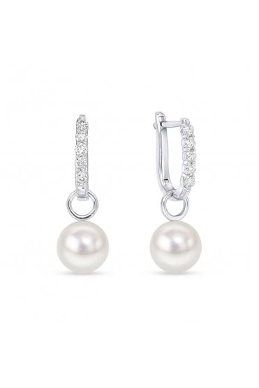 18ct White Gold Akoya Pearl & Diamond Hoop Earrings Removable Pearls