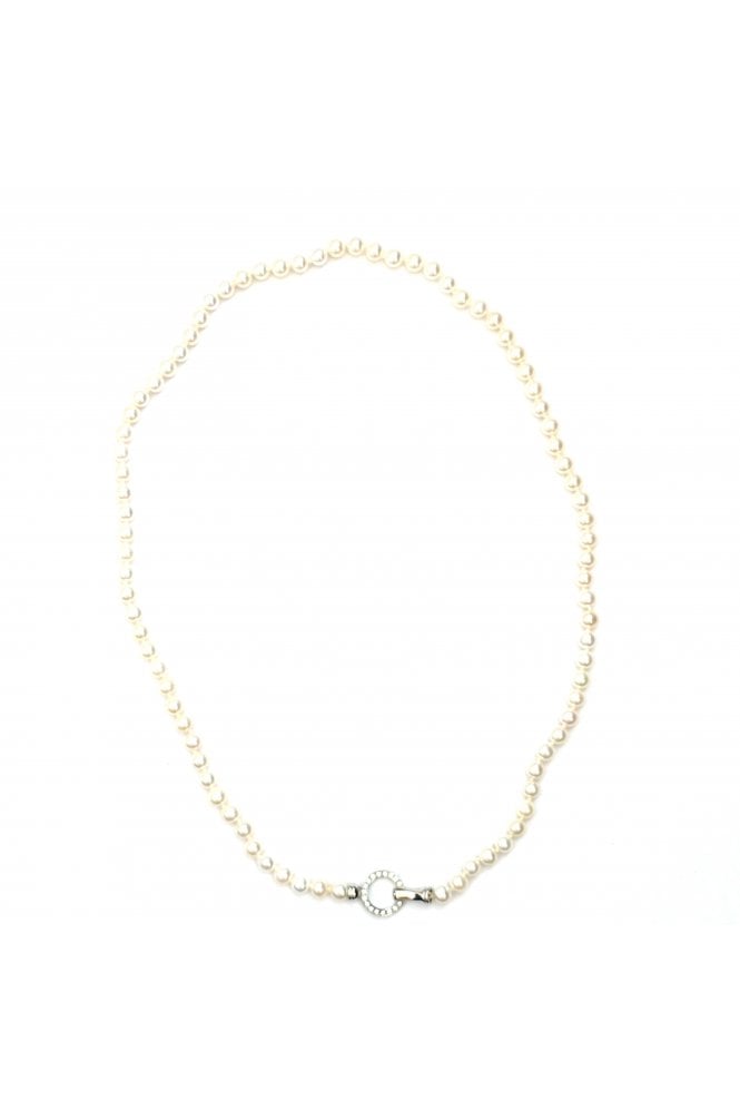 18ct White Gold Akoya Pearl & Diamond Necklace Single Strand with Diamond Circle Clasp
