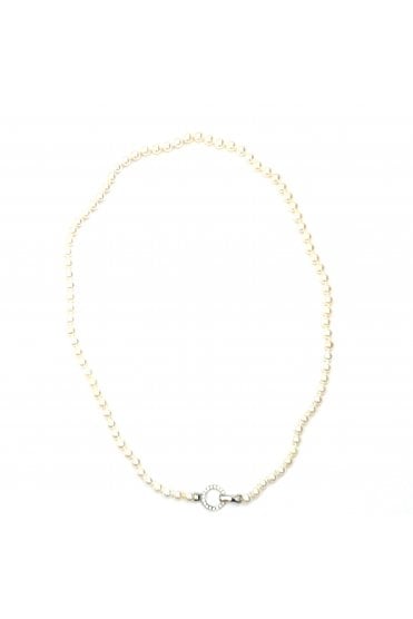 18ct White Gold Akoya Pearl & Diamond Necklace Single Strand with Diamond Circle Clasp