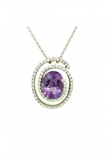 18ct White Gold Amethyst & Diamond Pendant On 18ct White Gold Chain