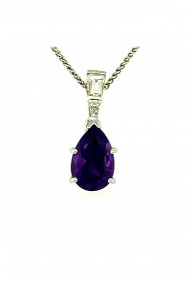 18ct White Gold Amethyst & Diamond Pendant Pear Cut Amethyst 2.86ct