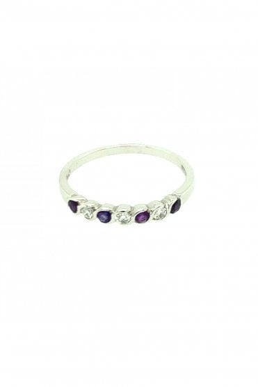 18ct White Gold Amethyst & Diamond Ring Half Eternity