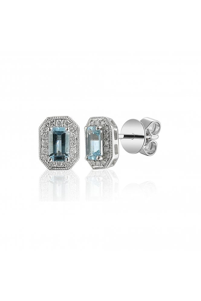 18ct White Gold Aquamarine & Diamond Halo Stud Earrings 18ct White Gold Claw Set