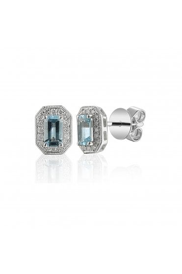 18ct White Gold Aquamarine & Diamond Halo Stud Earrings 18ct White Gold Claw Set