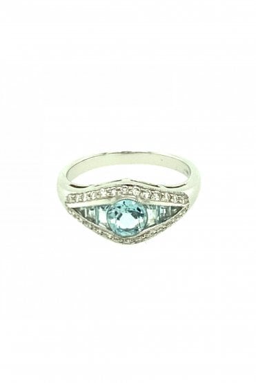 18ct White Gold Aquamarine & Diamond Ring  Channel Set Round Brilliant & Baguette Cut