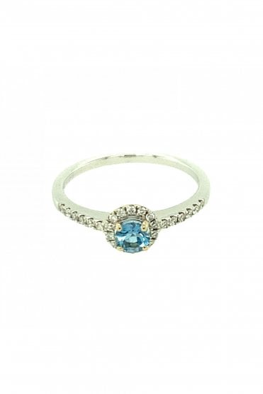 18ct White Gold Aquamarine & Diamond Shoulder Ring  Claw Set Round Brilliant Cut