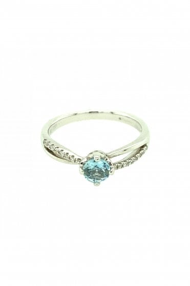 18ct White Gold Aquamarine Diamond Twist Shoulder Ring Claw Set Round Brilliant