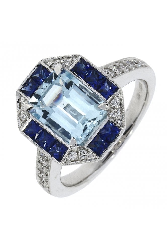 18ct White Gold Aquamarine, Sapphire & Diamond Ring Art Deco Style with Fine Milgrain Detailing