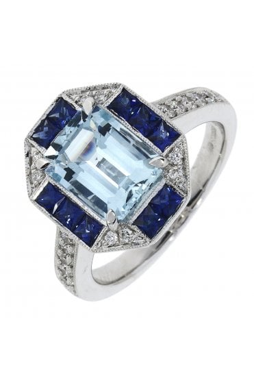18ct White Gold Aquamarine, Sapphire & Diamond Ring Art Deco Style with Fine Milgrain Detailing