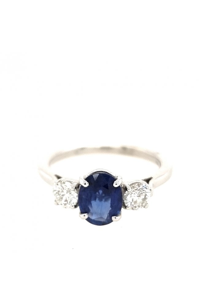 18ct White Gold Blue Sapphire and Diamond 3 Stone Ring 18ct White Gold Claw Set