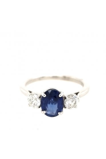 18ct White Gold Blue Sapphire and Diamond 3 Stone Ring 18ct White Gold Claw Set