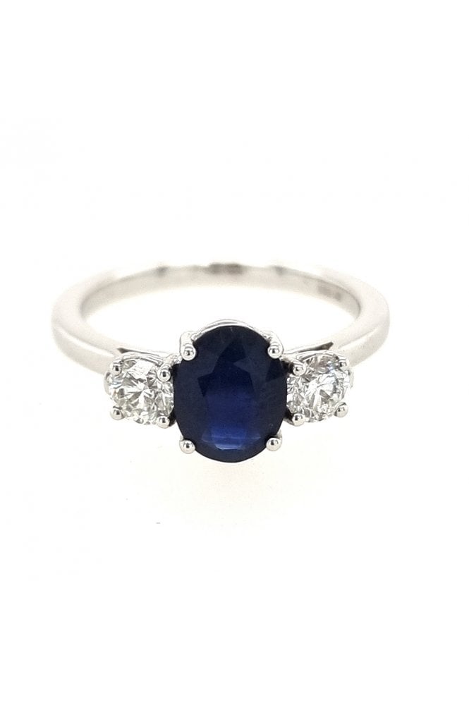 18ct White Gold Blue Sapphire and Diamond 3 Stone Ring 18ct White Gold Claw Set