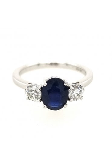18ct White Gold Blue Sapphire and Diamond 3 Stone Ring 18ct White Gold Claw Set