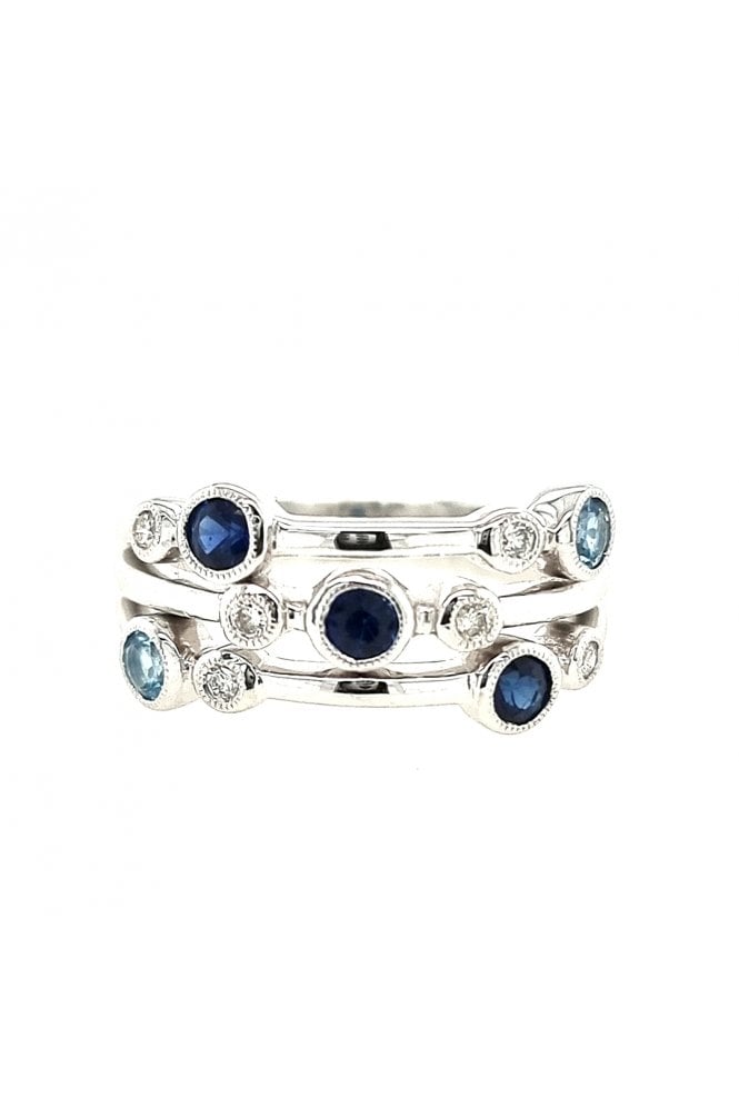 18ct White Gold Bubble Ring Set with 3 Sapphires, 2 Aquamarines & 6 Diamonds