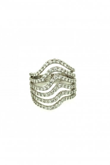 18ct White Gold Curved Diamond Ring Six Rows Claw Set