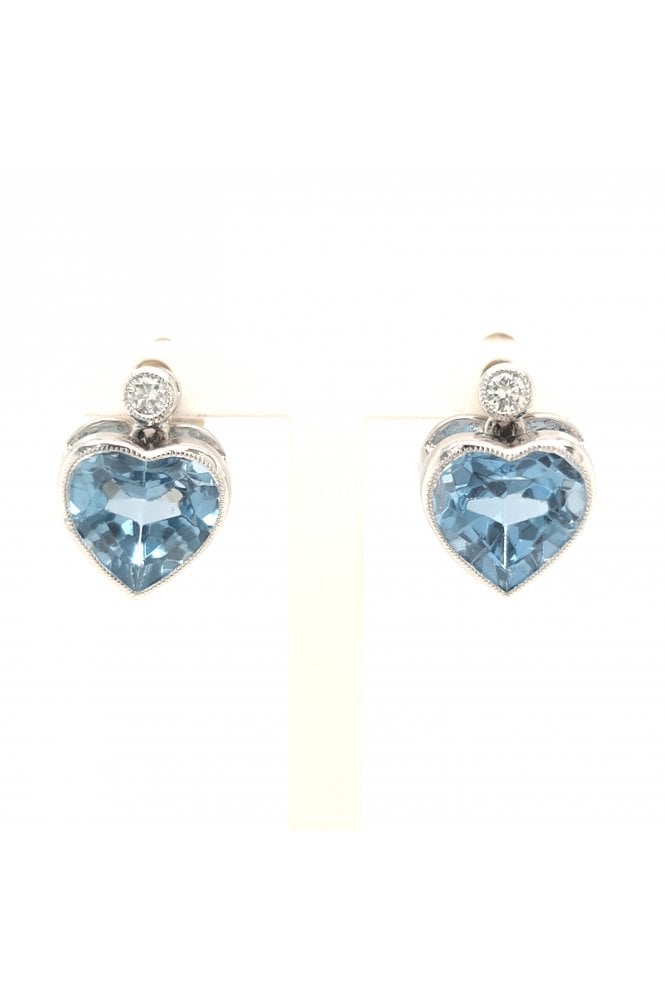 18ct White Gold Diamond & Aquamarine Heart Drop Earrings