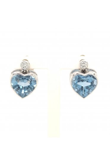 18ct White Gold Diamond & Aquamarine Heart Drop Earrings