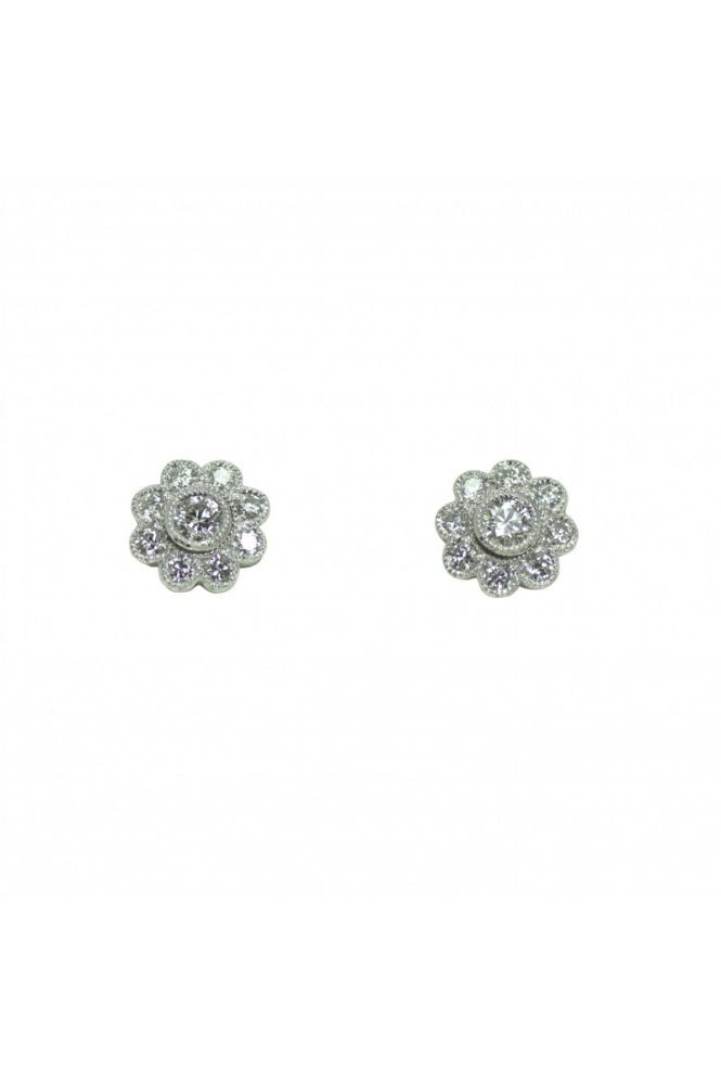 18ct White Gold Diamond Cluster Stud Earrings 18ct White Gold Rub-over Set