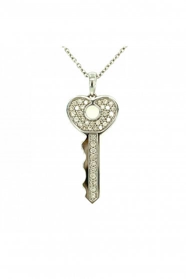 18ct White Gold Diamond Heart Key Pendant 18ct White Gold Pave Set