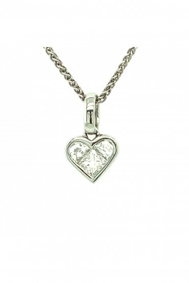 18ct White Gold Diamond Heart Pendant Rubbed Over Set Princess & Half Circle Cut