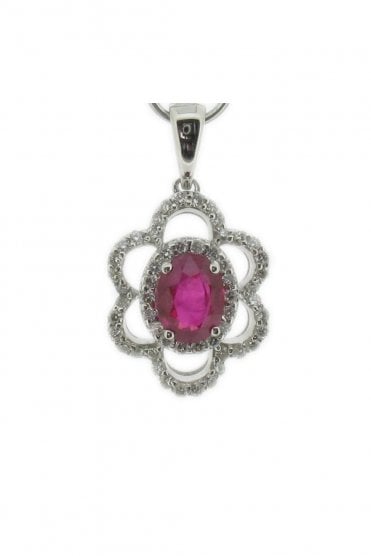 18ct White Gold Diamond & Ruby Flower Pendant Oval Cut 1.10ct  Ruby