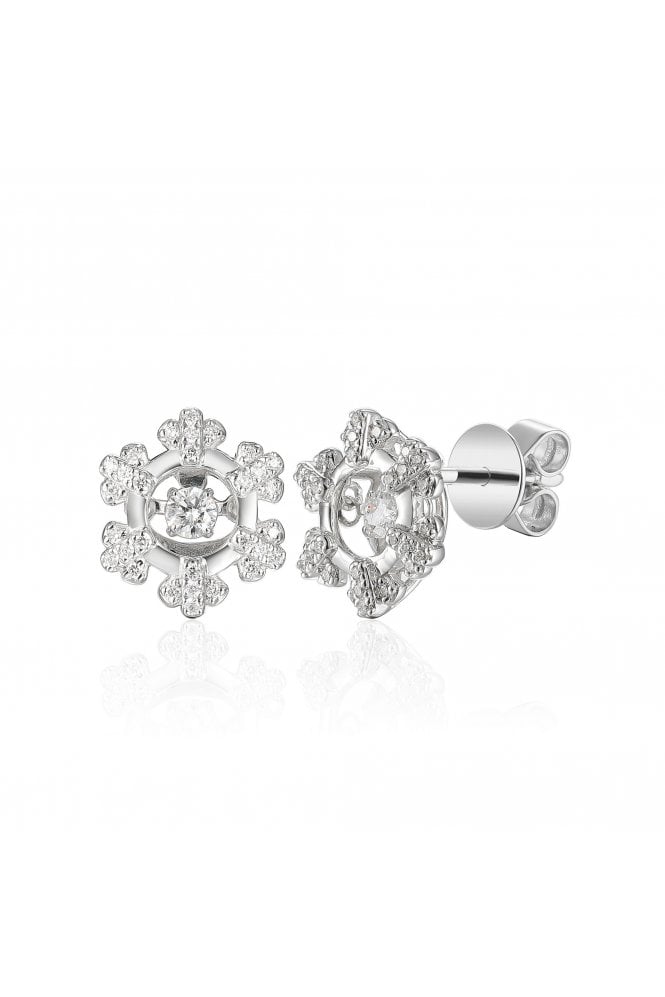 18ct White Gold Diamond Snowflake Stud Earrings Dancing Diamonds in Centre of Each Earring