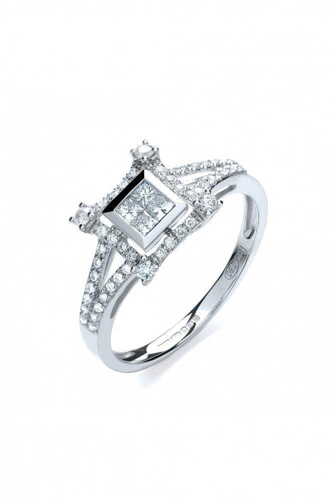 18ct White Gold Diamond Square Cluster Ring Claw Set Halo Princess & Round Brilliant