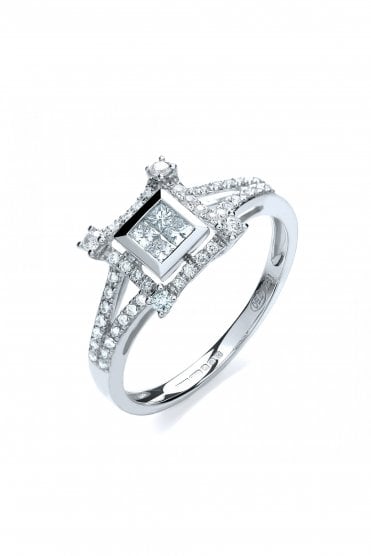 18ct White Gold Diamond Square Cluster Ring Claw Set Halo Princess & Round Brilliant