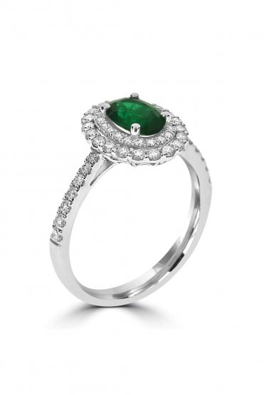 18ct White Gold Emerald & Diamond Double Halo Ring