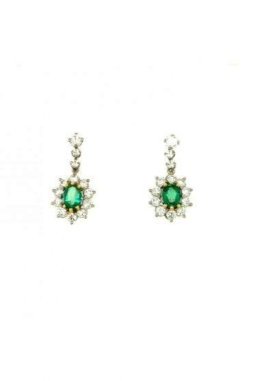 18ct White Gold Emerald Diamond Drop Earrings Round Brilliant Cut