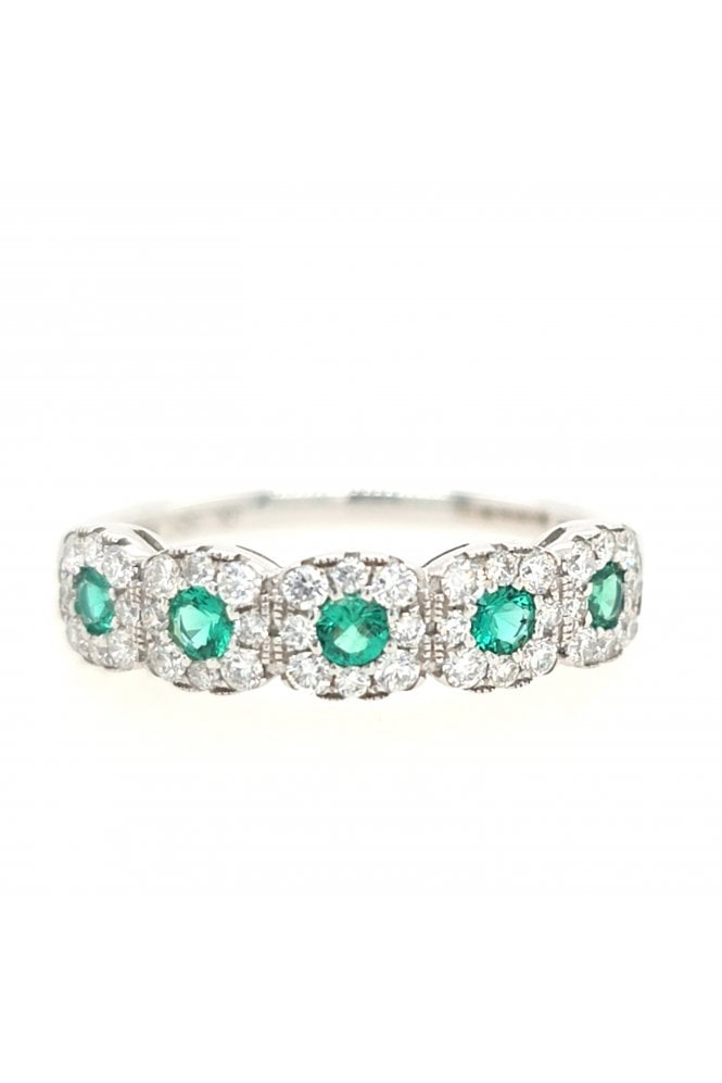 18ct White Gold Emerald & Diamond Halo Ring 18ct White Gold Claw Set