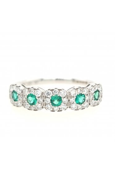 18ct White Gold Emerald & Diamond Halo Ring 18ct White Gold Claw Set
