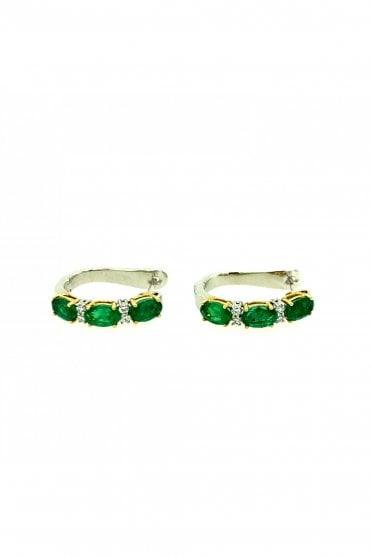 18ct White Gold Emerald Diamond Hoop Earrings Emerald Oval Cut 2.88ct