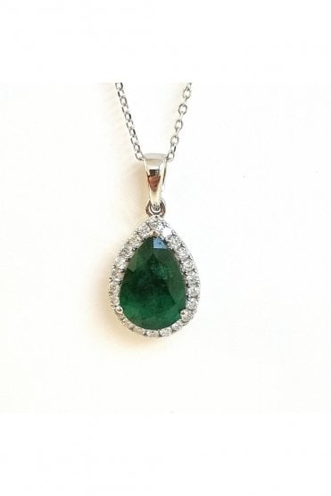 18ct White Gold Emerald & Diamond Pendant on Chain 18ct White Gold Claw Set