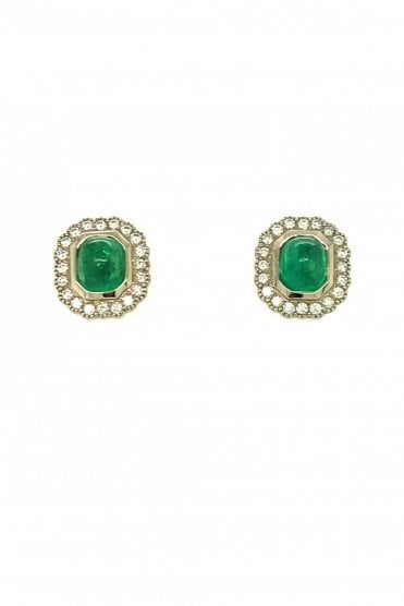 18ct White Gold Emerald Diamond Stud Earrings