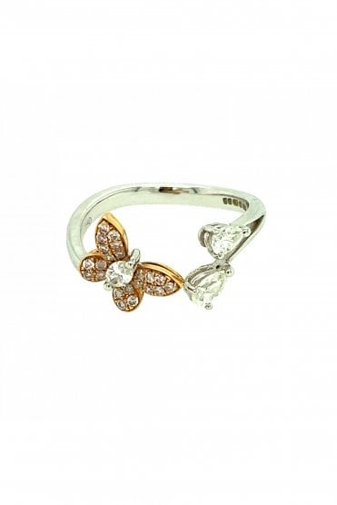 18ct White Gold Fancy Butterfly Diamond Ring 18ct Rose Gold Butterfly Claw & Pave Set
