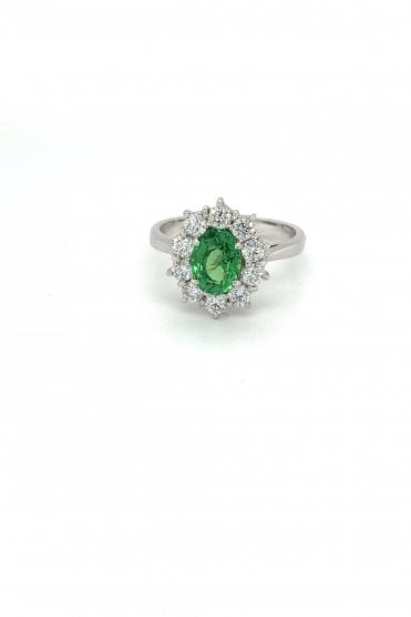 18ct White Gold Green Oval 1.60ct Tsavourite & Diamond Cluster Ring