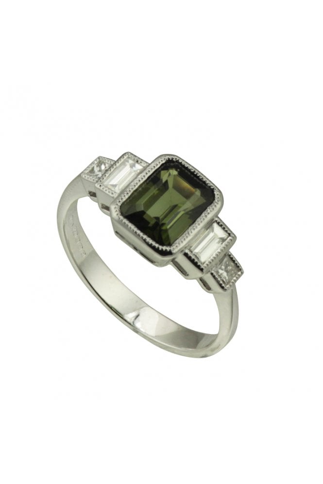18ct White Gold Green Tourmaline & Diamond Ring 18ct White Gold Rub-over Set