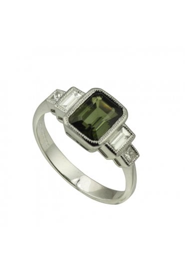 18ct White Gold Green Tourmaline & Diamond Ring 18ct White Gold Rub-over Set