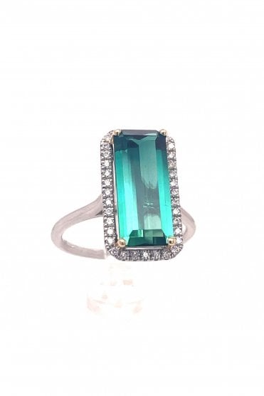 18ct White Gold Green Tourmaline & Diamond Ring Fine Diamond Halo