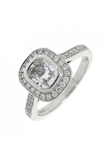 18ct White Gold Halo Diamond Cluster Ring Rubbed Over & Bead Set