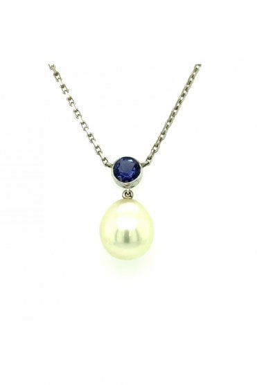 18ct White Gold Iolite & Pearl Pendant Rubover Set Iolite Cut Round Brilliant